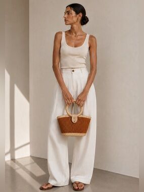 Rattan Women's Handwoven Natural Beige Straw Bag Medium Size
